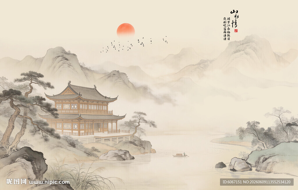 古风山水画背景壁画