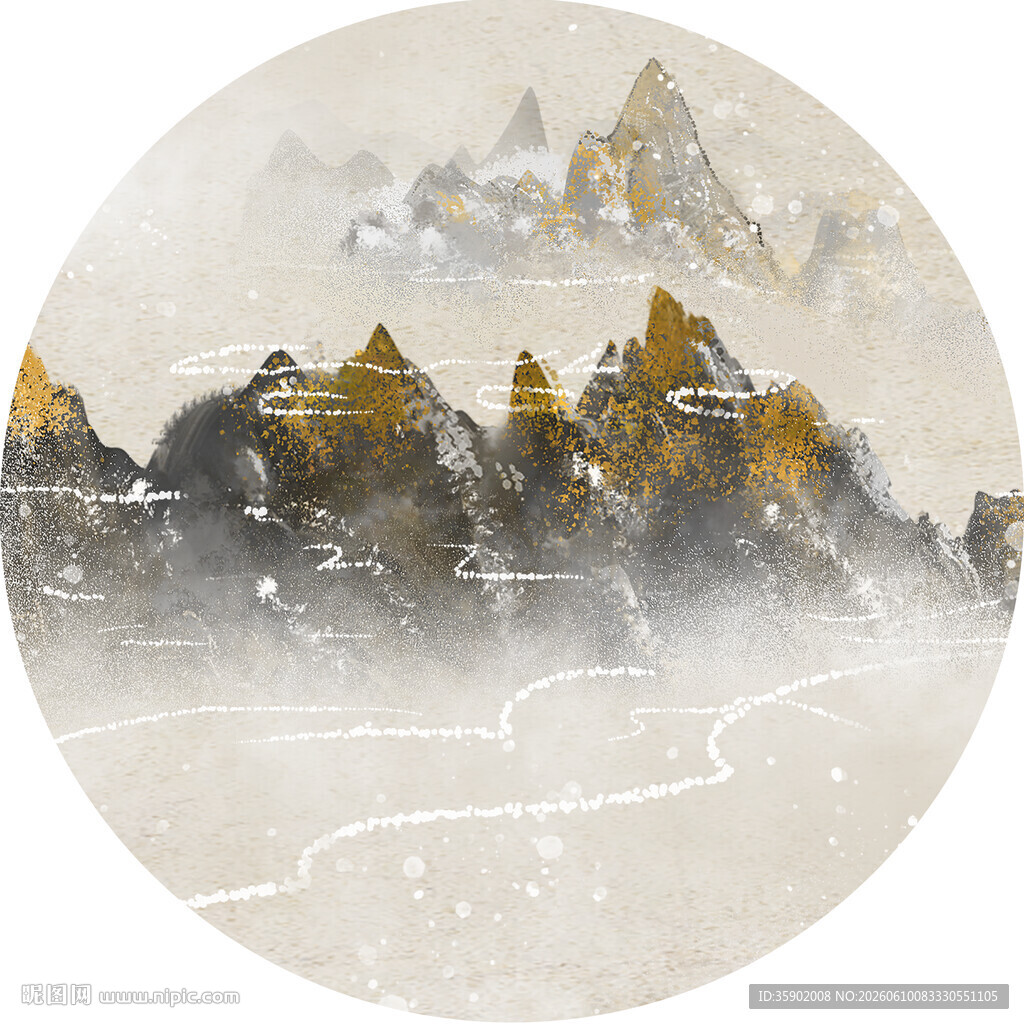 水墨山水圆形画作意境美