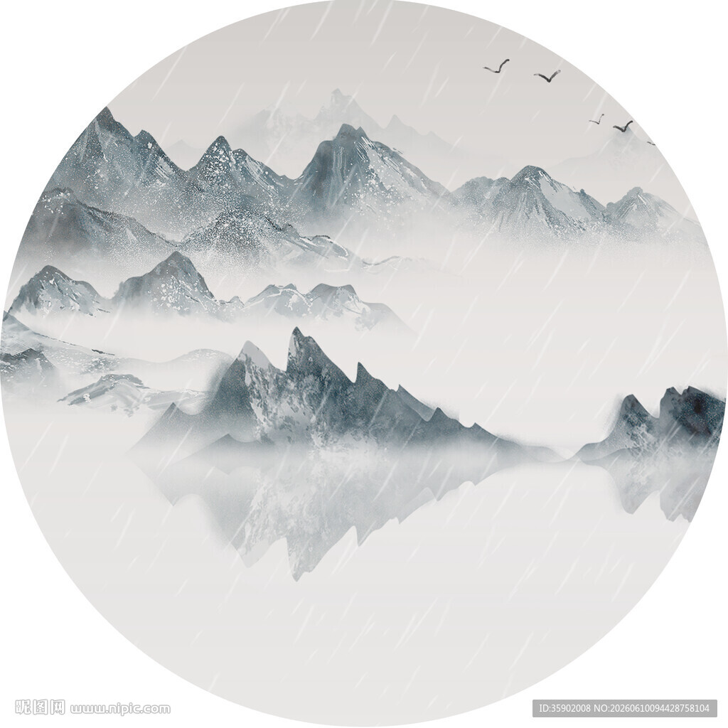水墨山水圆形画作意境美