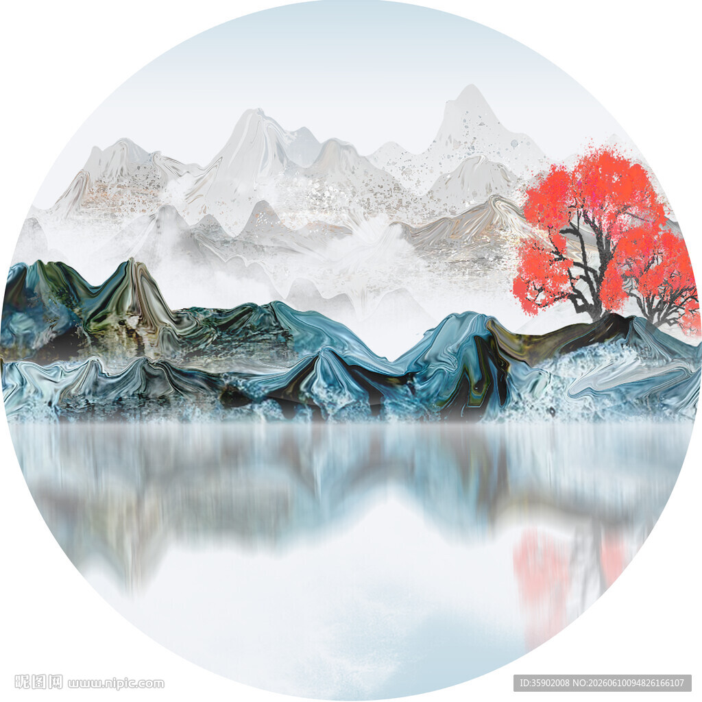 水墨山水湖畔红树美景