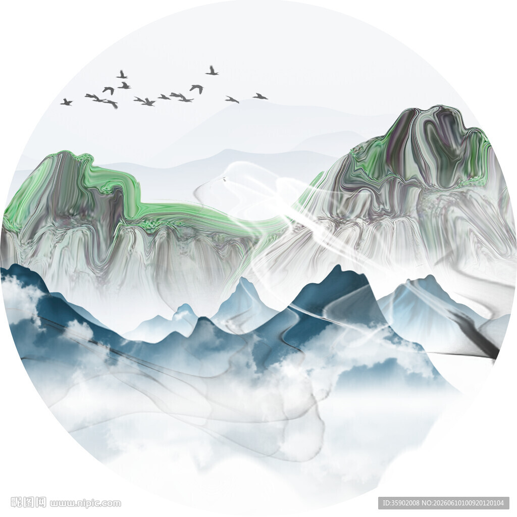 水墨山水间飞鸟翱翔图
