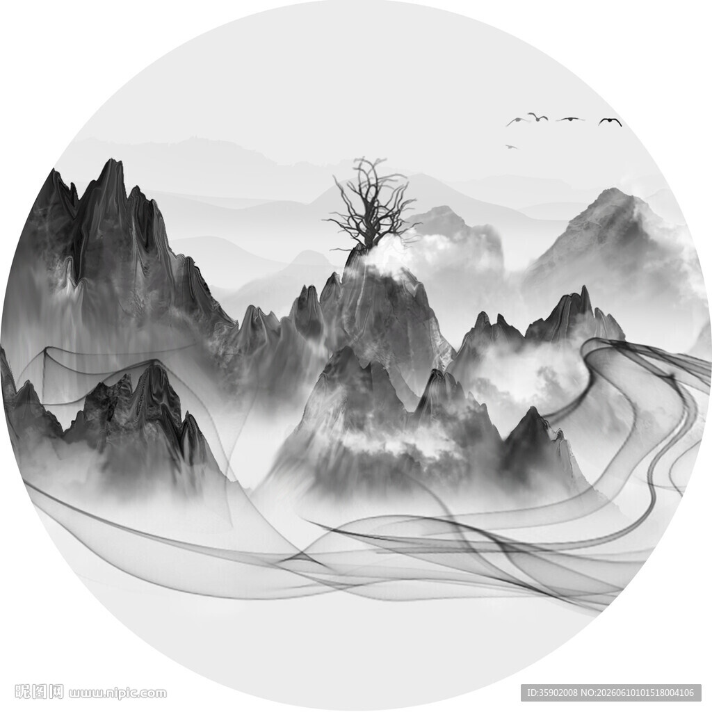 水墨山水间的孤树意境
