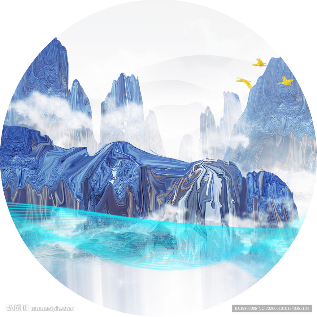 水墨山水圆形意境画作