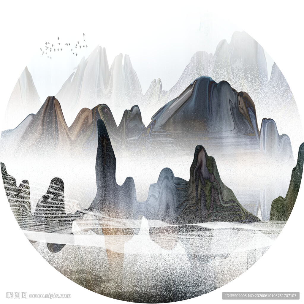 水墨山水圆形画作意境美