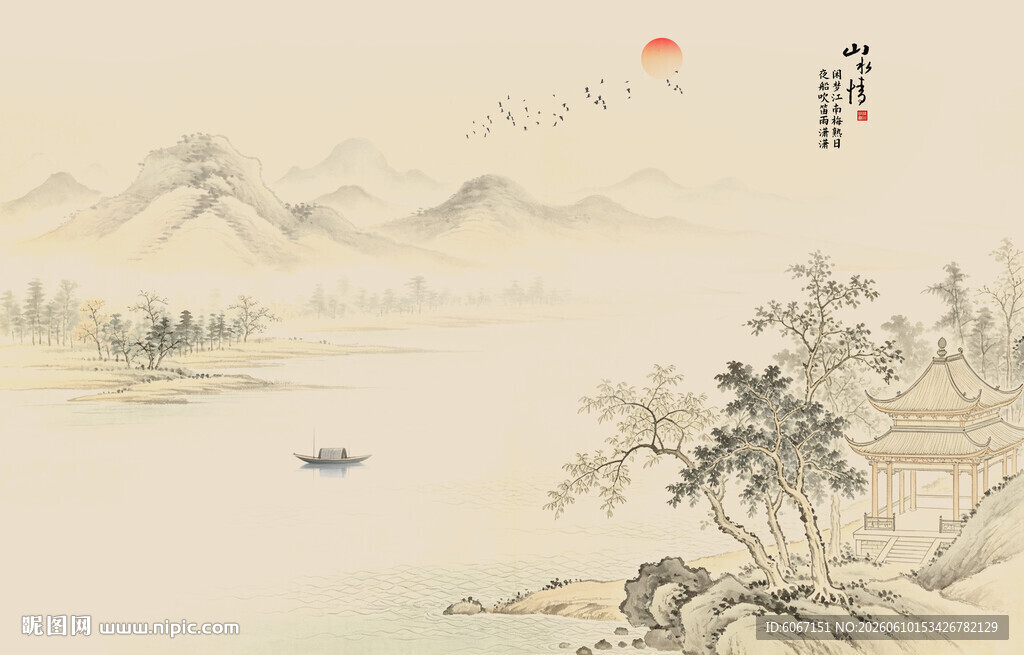 中式古风古典山水画背景壁画