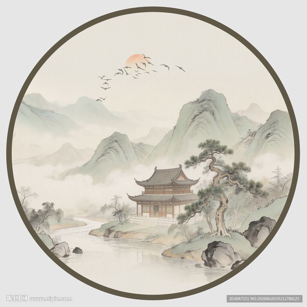 中式山水楼阁圆形水墨画