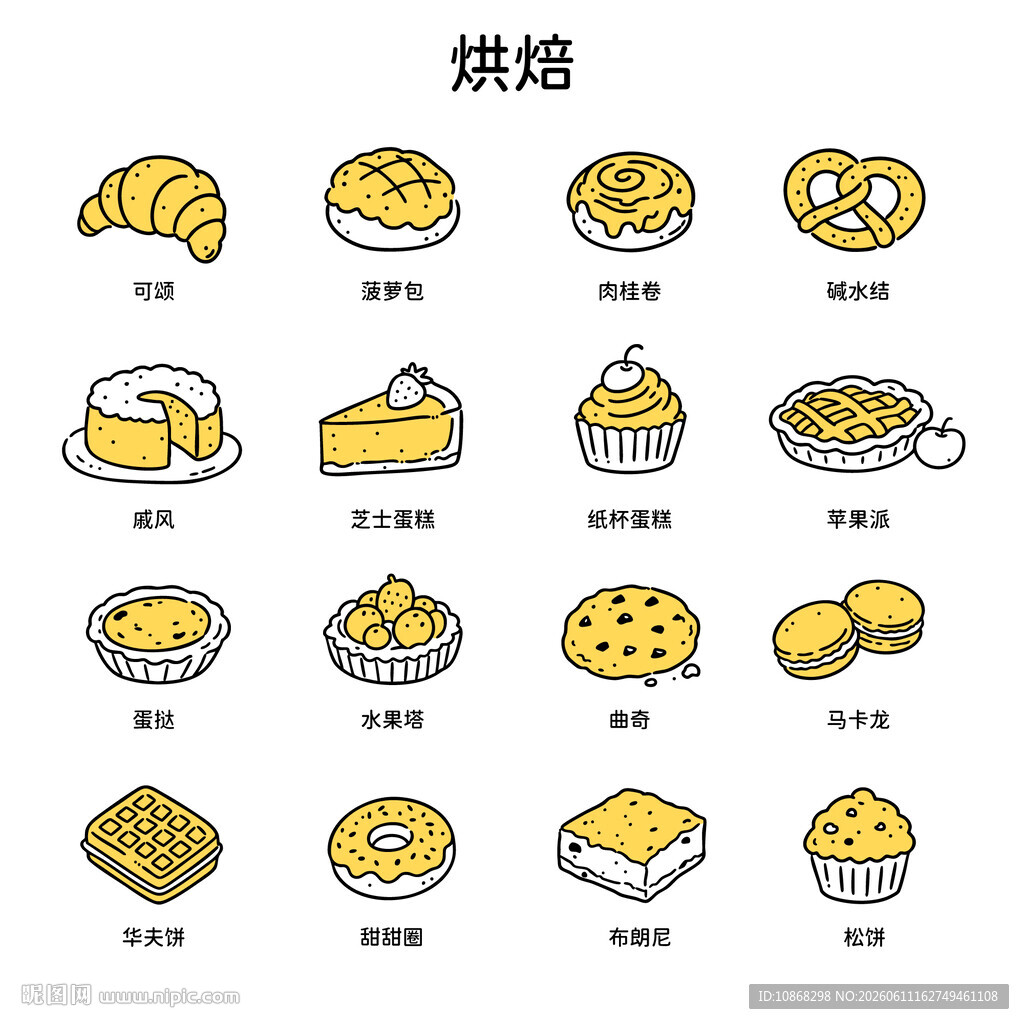 矢量卡通手绘线条烘焙美食图标