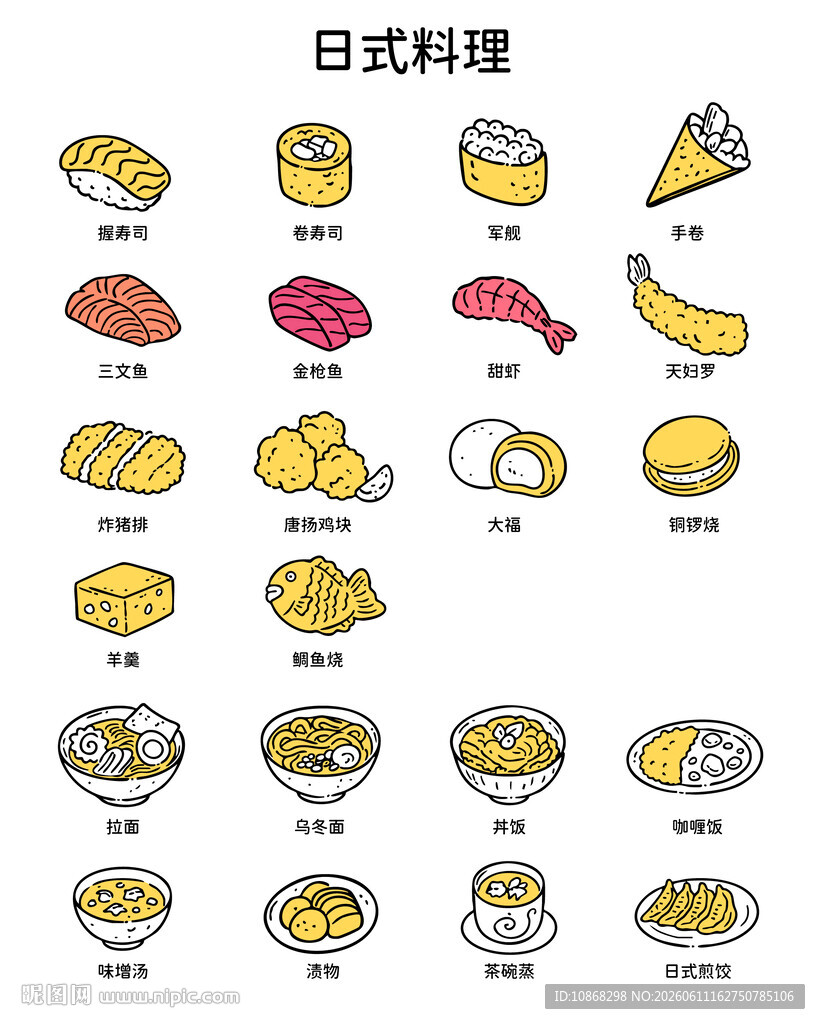 矢量卡通手绘线条日式料理图标