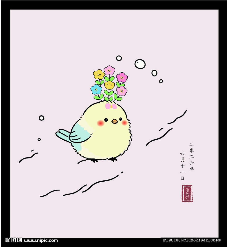 手绘矢量图可爱小鸟头顶缤纷花朵