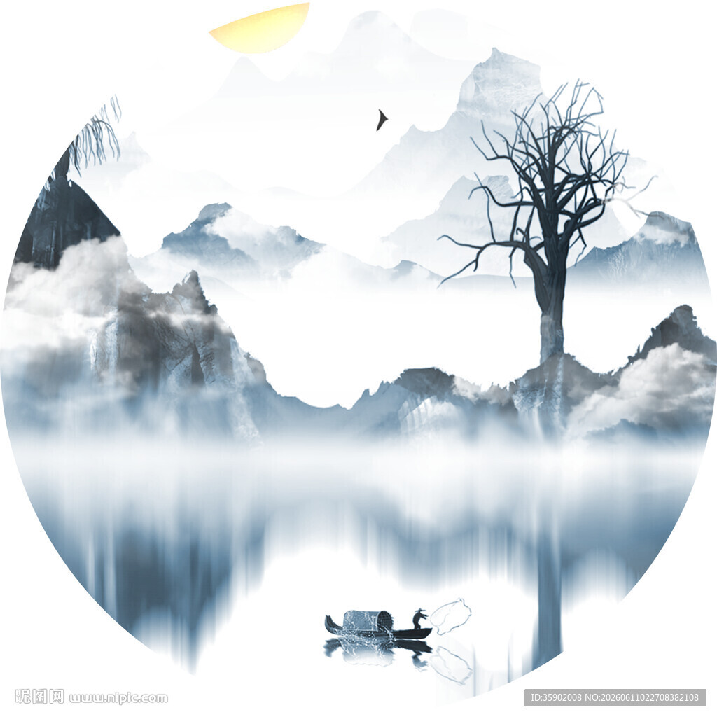 水墨山水孤舟图