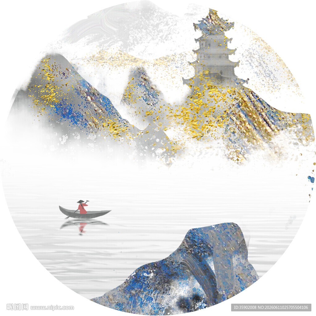 水墨山水间的孤舟与古塔