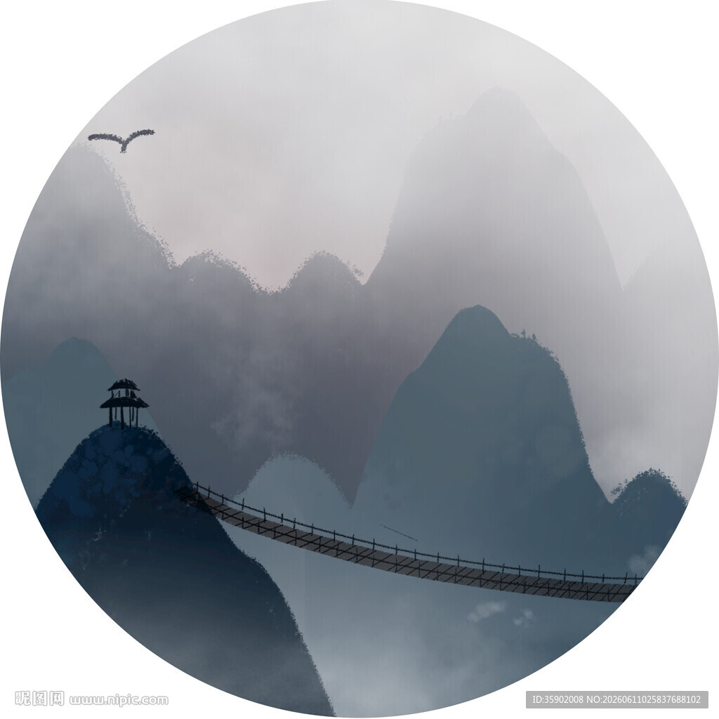 水墨山水间的悬桥与飞鸟