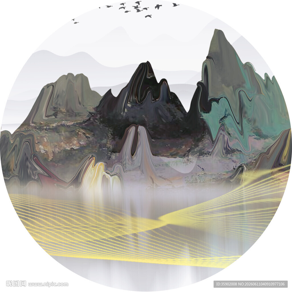 水墨山水圆形意境插画