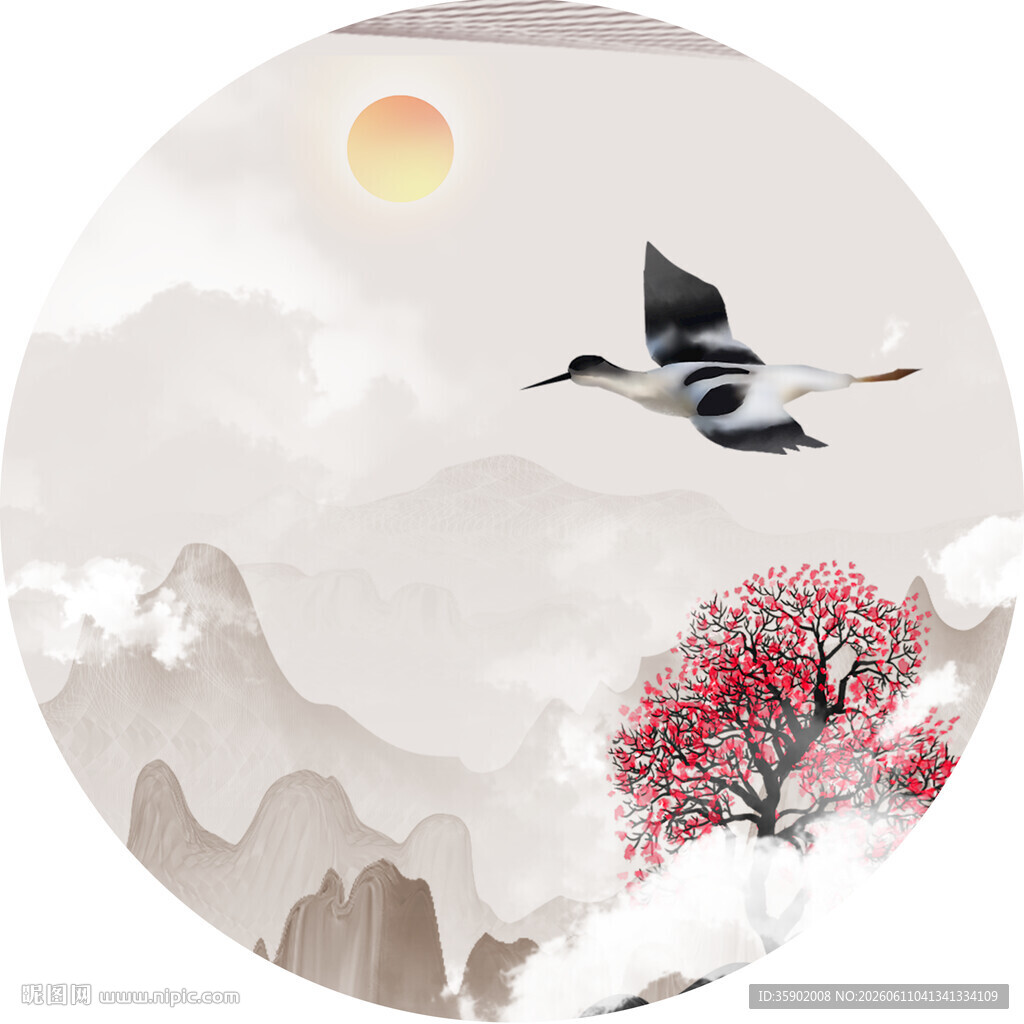 水墨山水间双鸟伴日图
