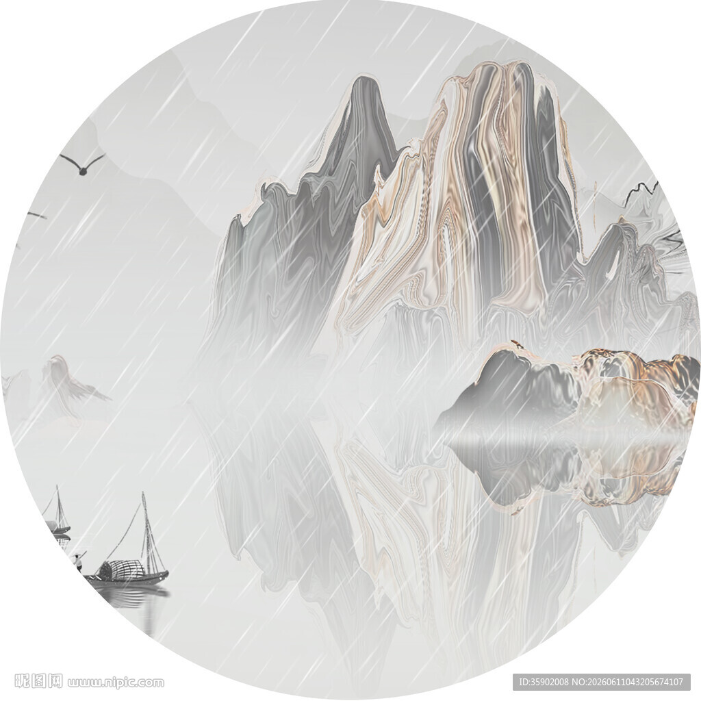 水墨山水圆形画作意境美