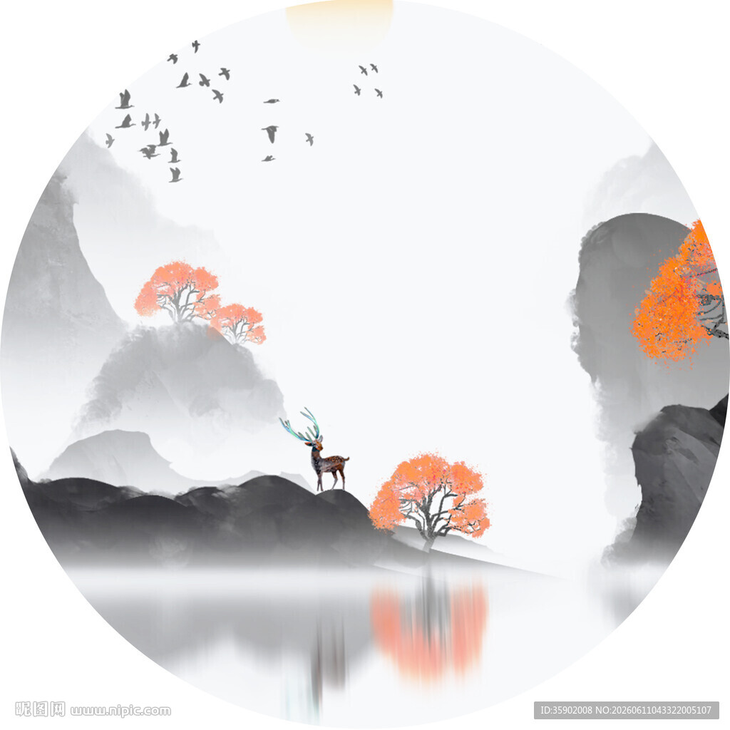 水墨山水间的灵动小鹿