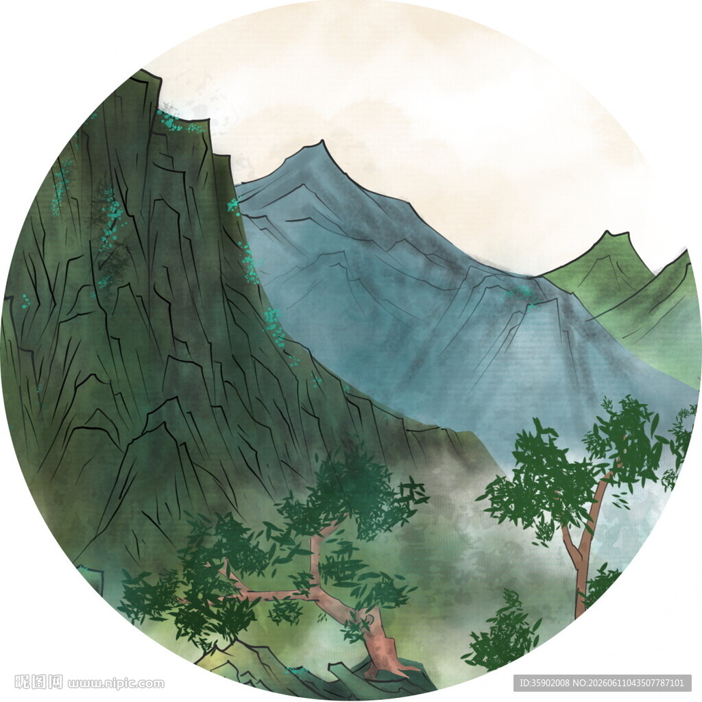 圆形山水国画风景图