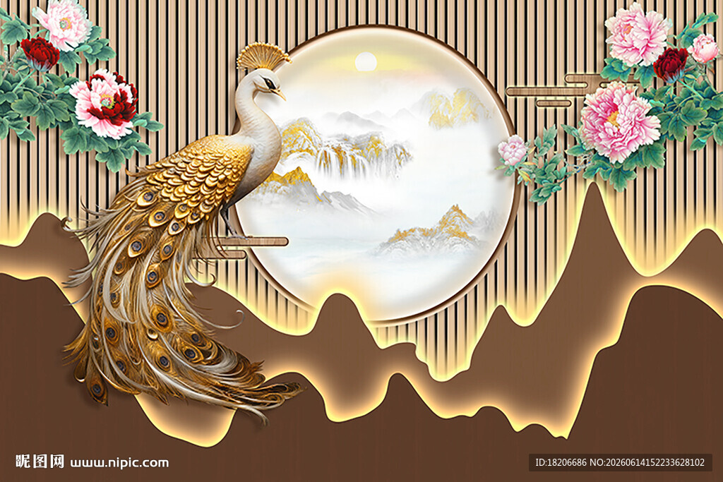 孔雀花开富贵形象墙