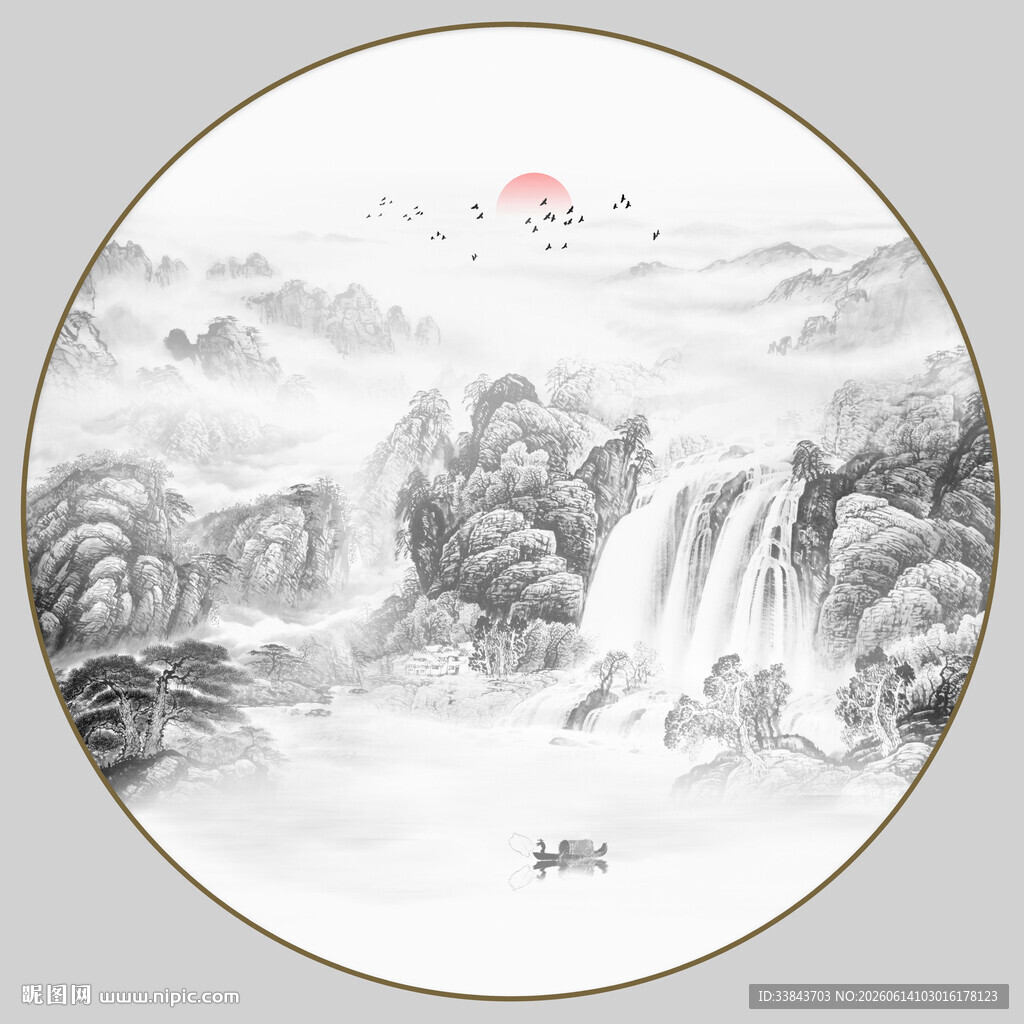 圆形山水水墨画