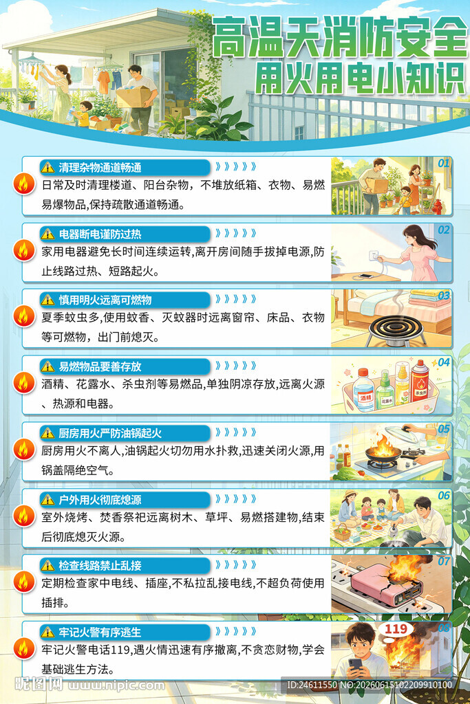 夏季高温家庭消防安全海报