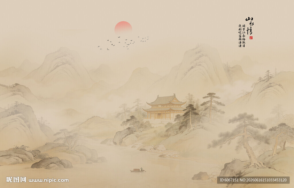 中国风水墨山水画背景壁画