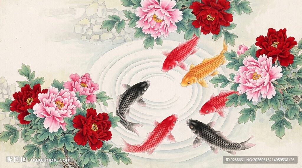牡丹鲤鱼图
