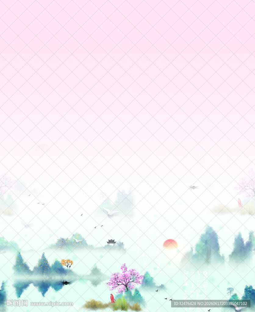 水墨山水荷花梦幻背景图