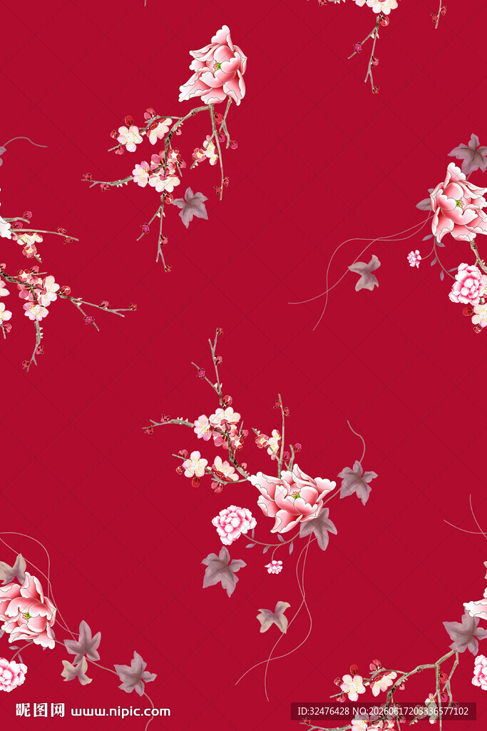 红色底繁花图案纹理
