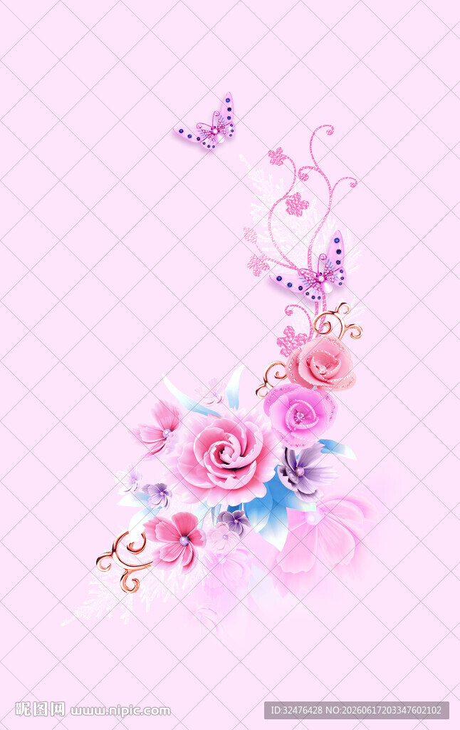粉色花卉蝴蝶浪漫图案