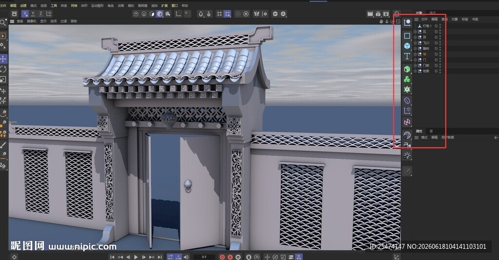 3D建模中式门楼场景展示