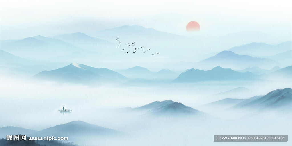 蓝色水墨山水画