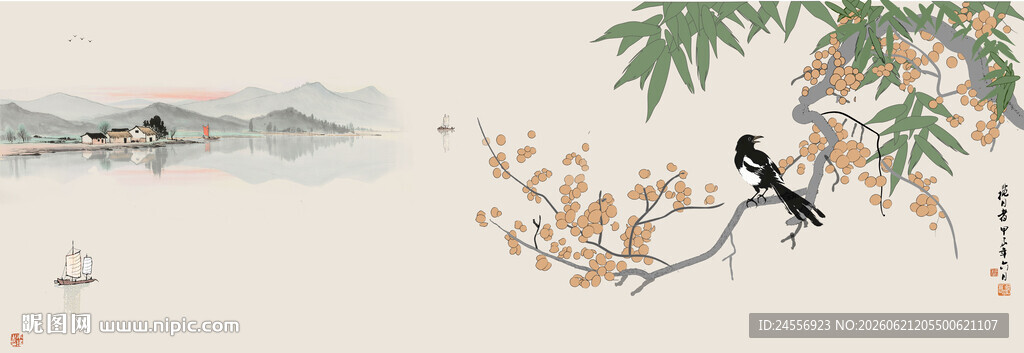 水墨山水画喜上眉梢水墨山水画