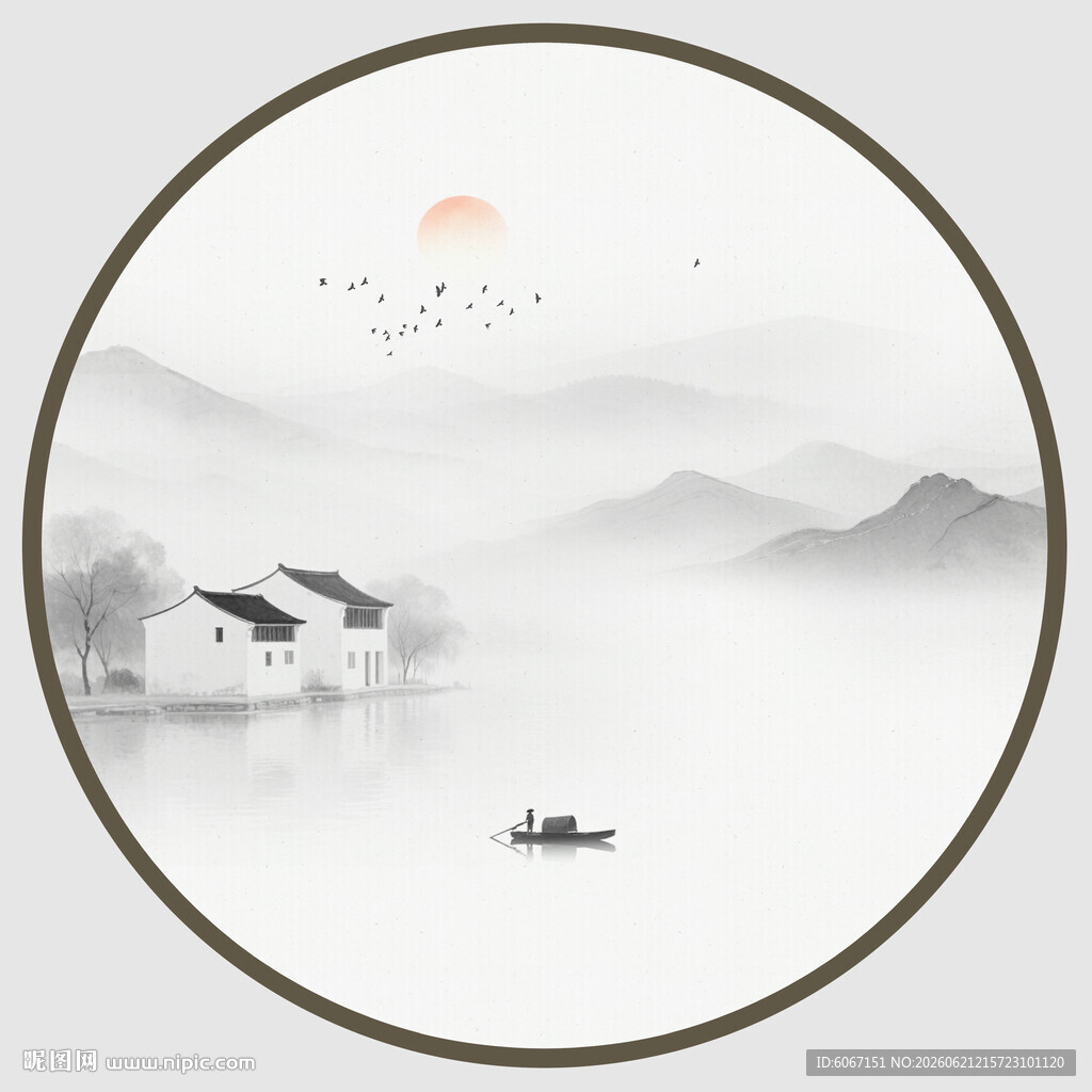 圆形水墨山水画