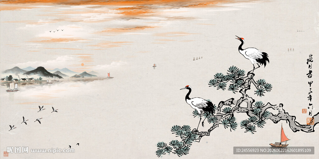 设色水墨山水松鹤图