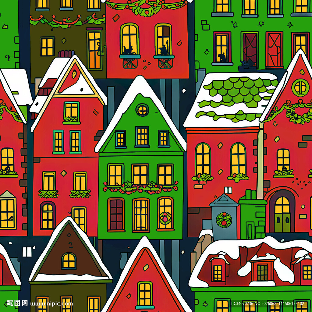 冬日彩色小屋雪景图