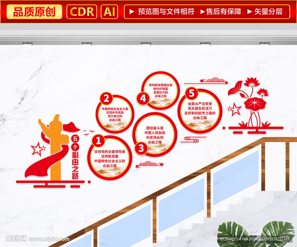五个必由之路楼梯文化墙