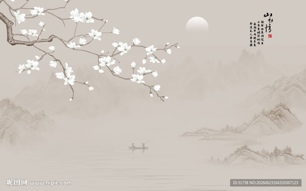 中国风山水情花鸟画背景墙