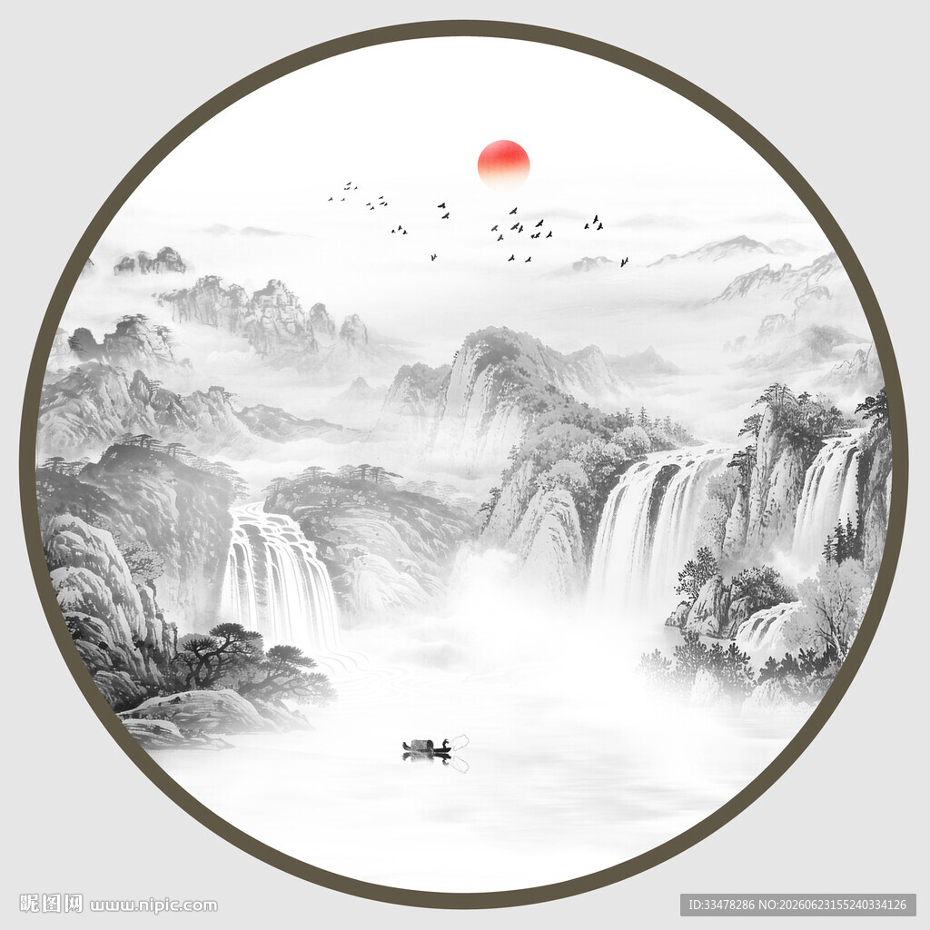 圆形意境水墨山水画