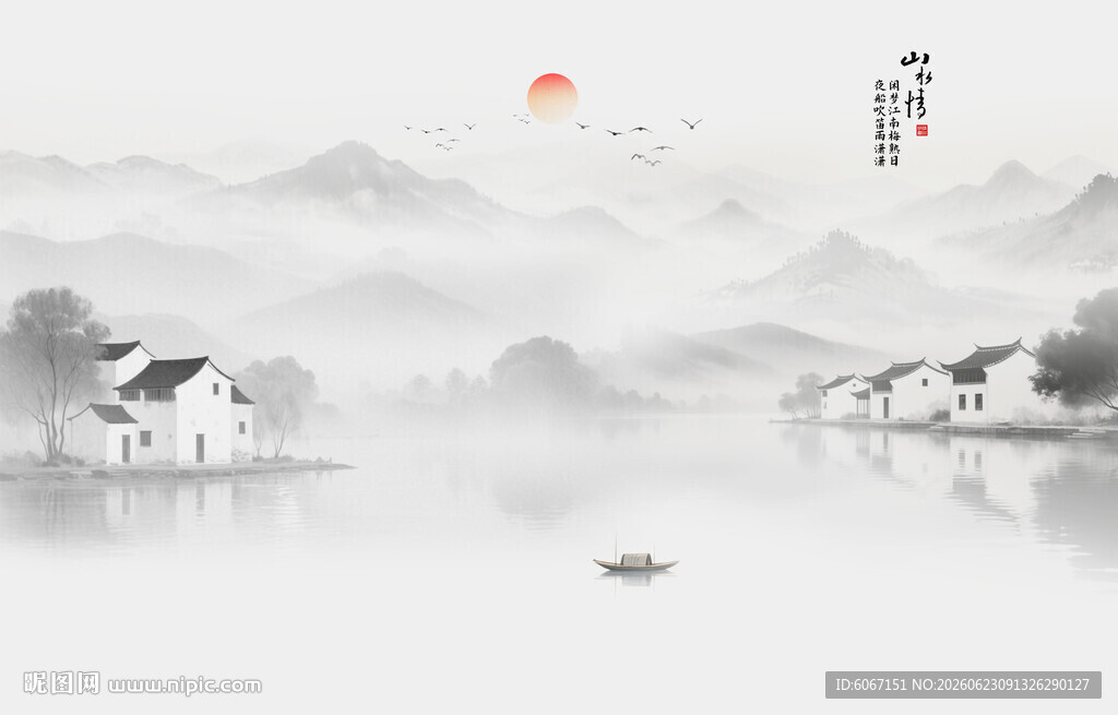 中国风水墨江南水乡背景墙