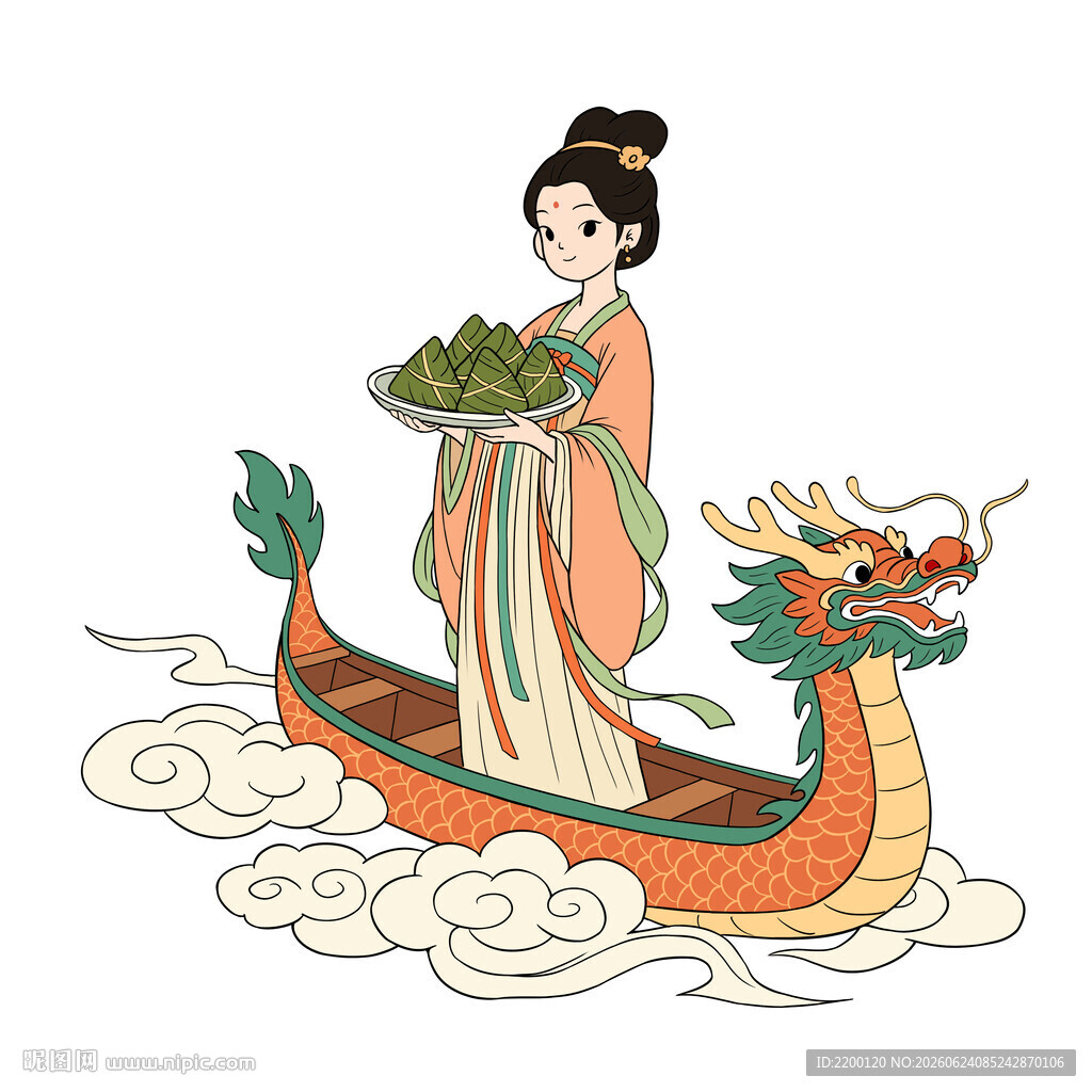 古风传统端午佳人乘龙舟献粽子 