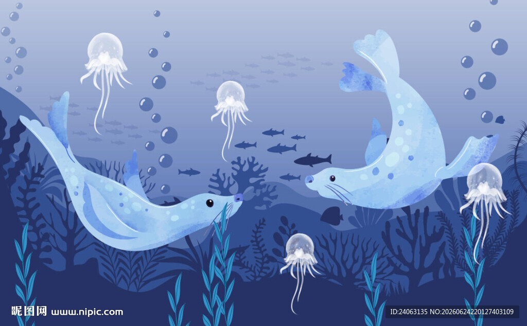 梦幻海底水母与海豚背景画