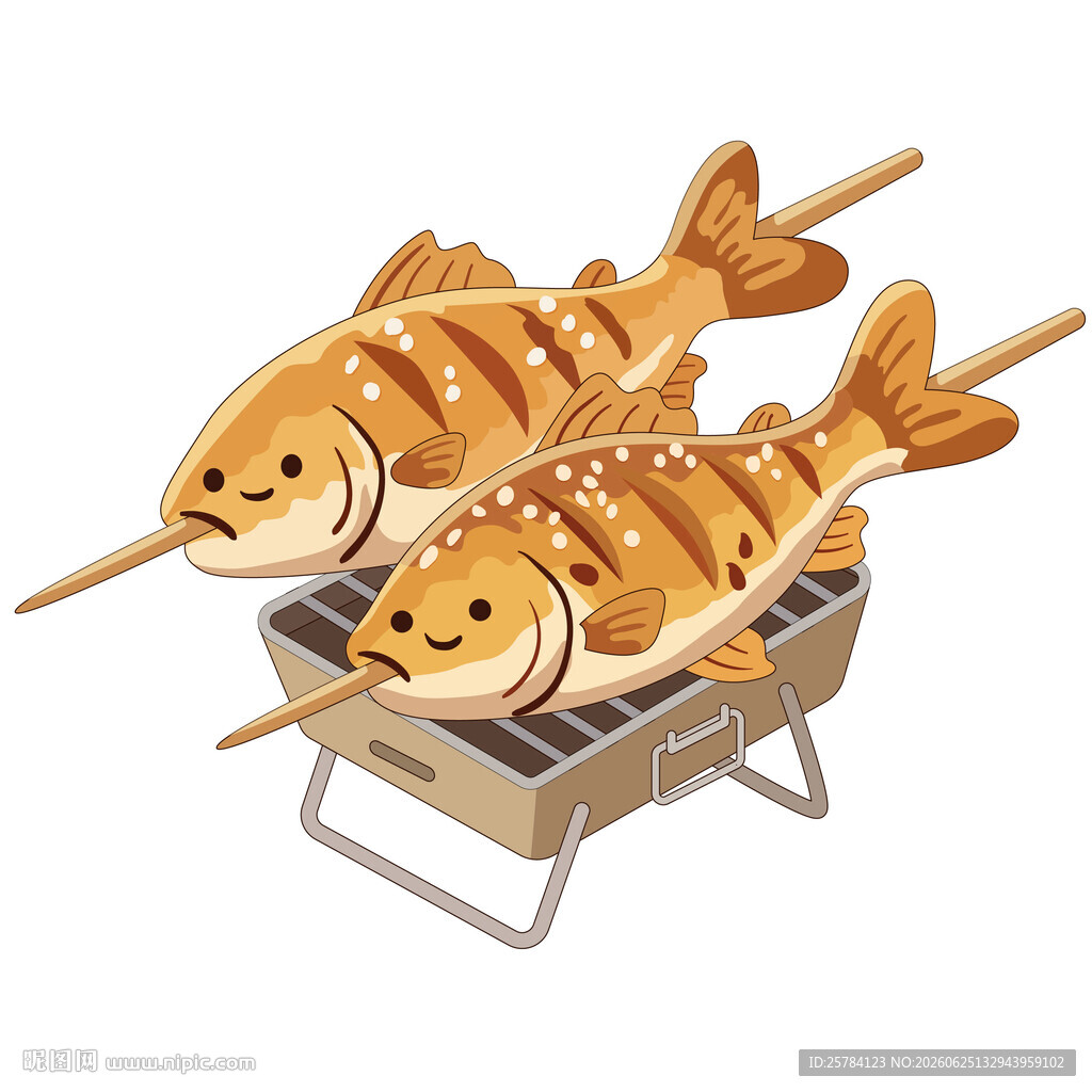 烤鱼夏季烧烤美食插画