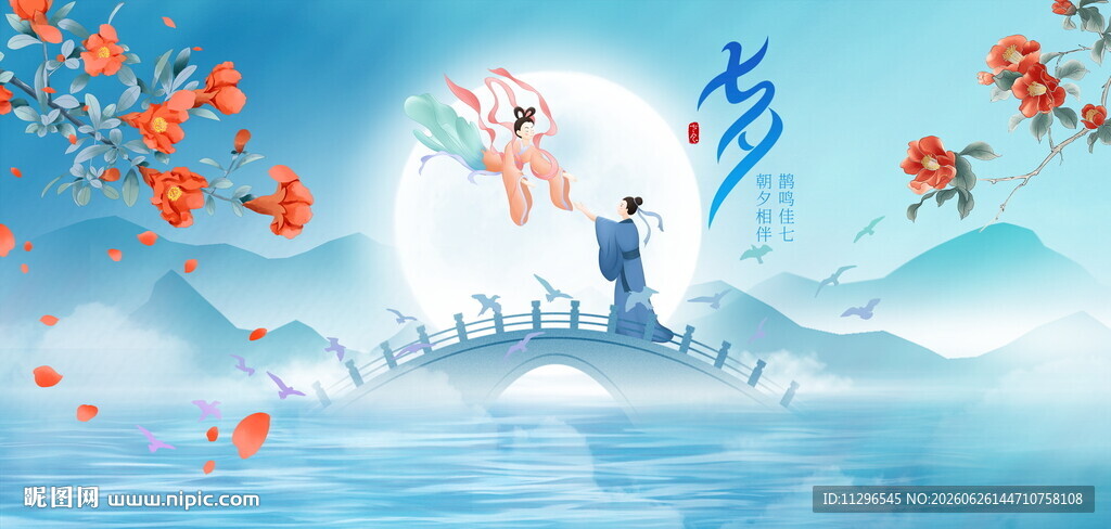 七夕浪漫鹊桥相会蓝色海报