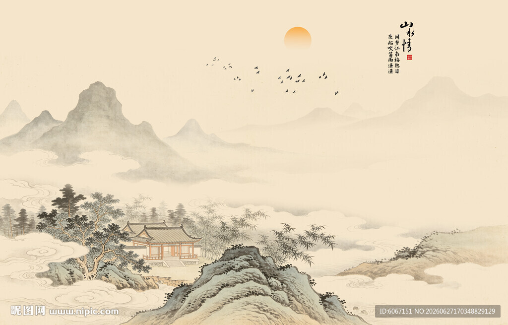 中式屏风隔断古风山水画背景图