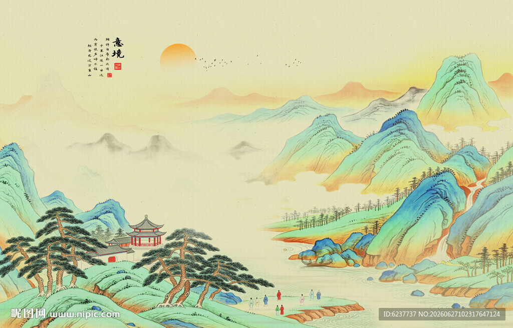新中式古风古典山水画背景墙