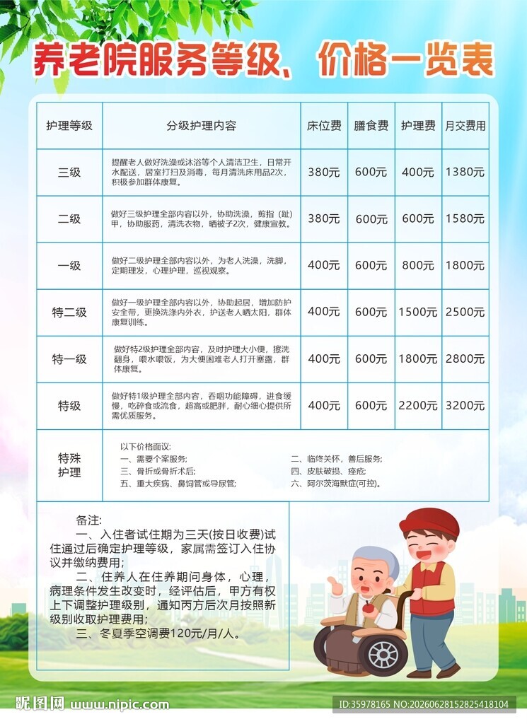养老院服务等级价格一览表宣传海