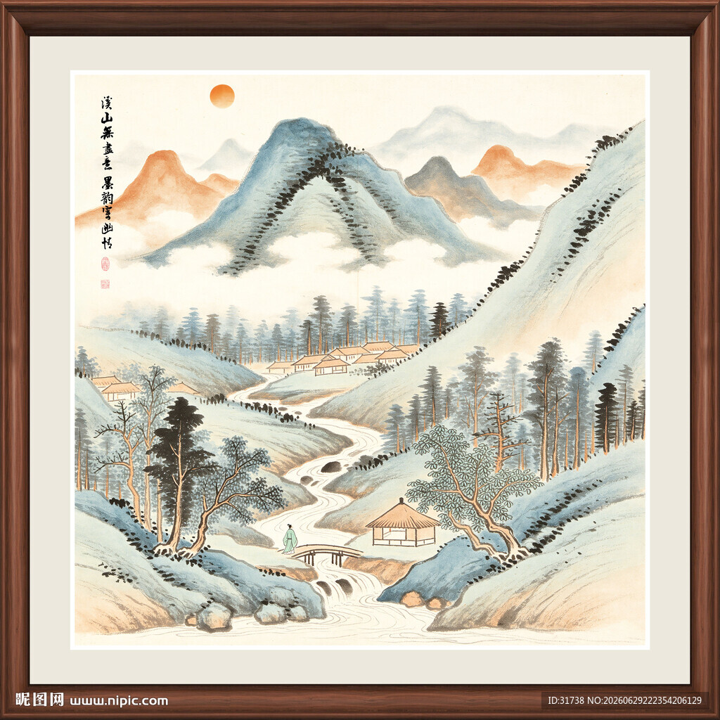 中式圆形山水墨画风景图