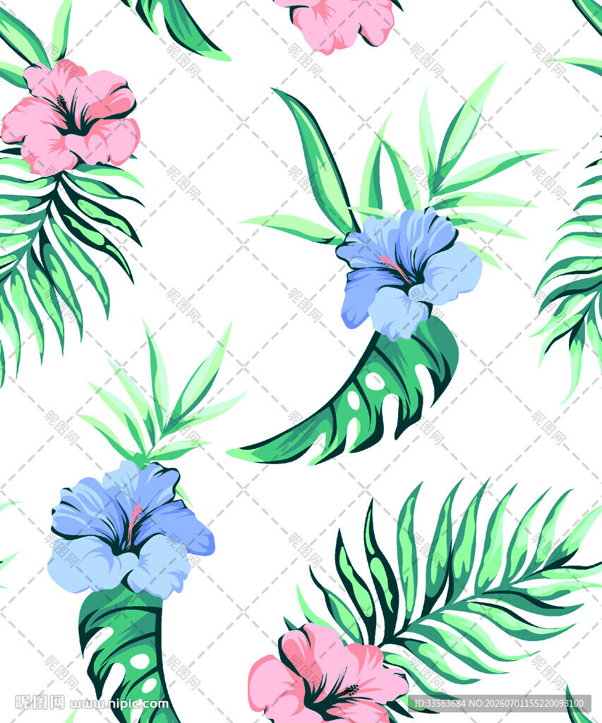 热带花卉绿叶无缝图案