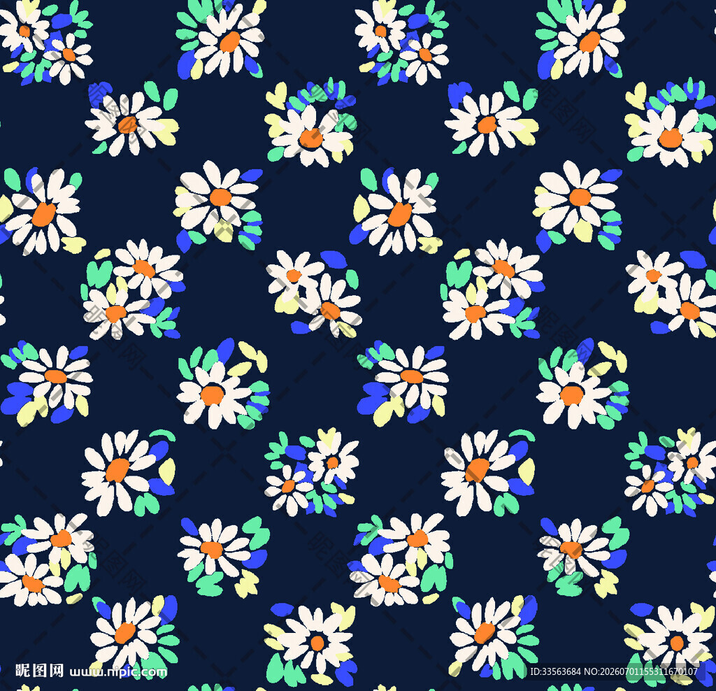 深蓝色底多彩花卉图案