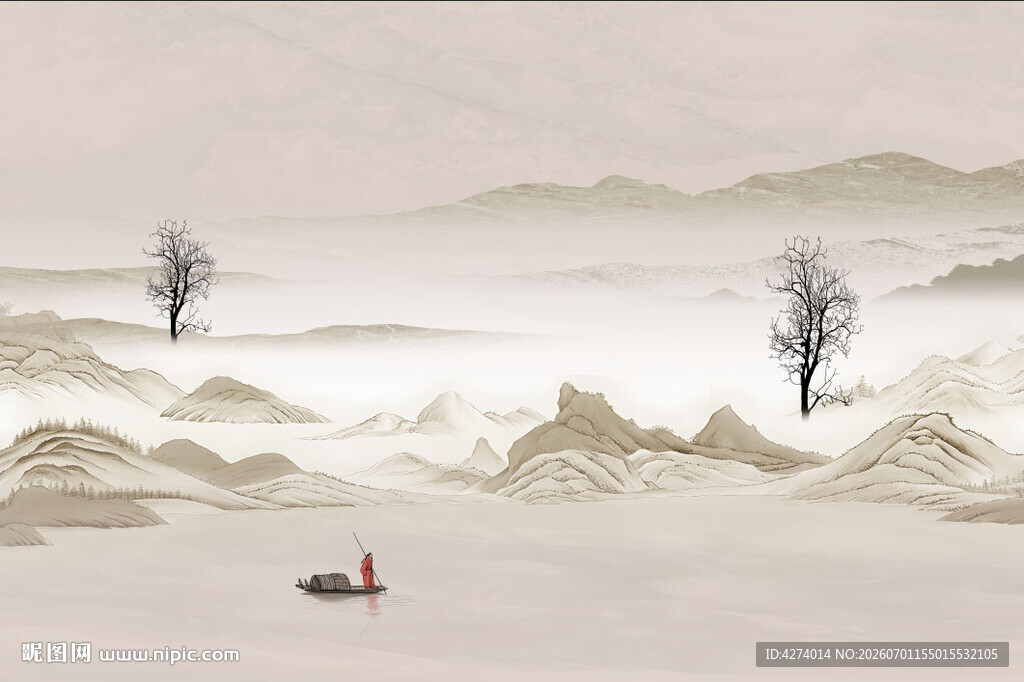 水墨山水间的孤舟独景